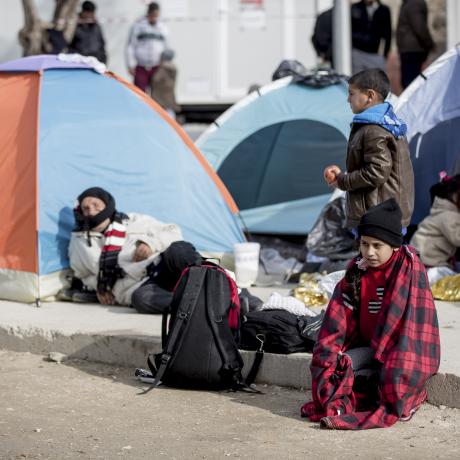 A photo of some child refugees in a camp in Lesvos, Greece